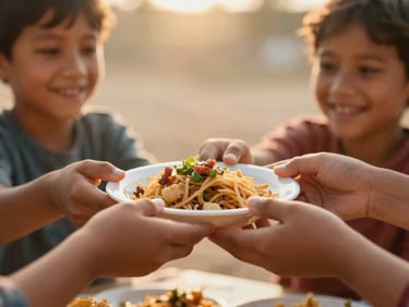 Hands passing a warm, fresh meal to a smiling child, close-up shot, shallow depth of field, warm tones