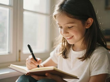 A young girl smiling as she writes in her notebook, soft window light, warm editorial style, 35mm
