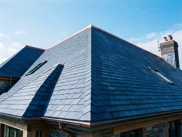 Low-angle architectural shot of a newly installed deep blue slate roof under bright direct daylight, clean shingle alignment, sharp focus, 35mm