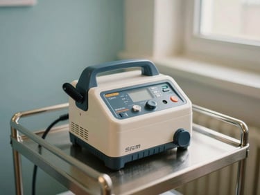 A compact medical suction machine neatly arranged on a clean stainless steel cart, warm editorial photography, 35mm