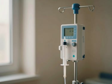 A clinical syringe infusion pump mounted on an IV pole, soft warm background, shallow depth of field, 35mm