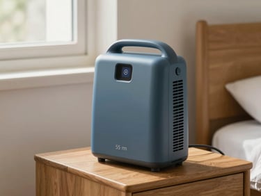 A sleek portable oxygen concentrator standing beside a warm wooden bedside table, soft natural window light, clinical precision, 35mm