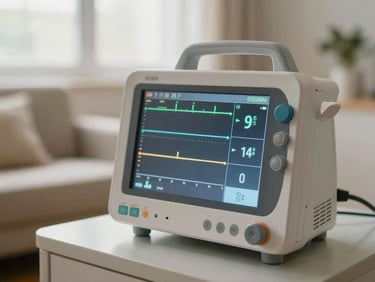 A clean, modern medical ventilator with a glowing digital screen displaying vitals, set against a soft warm home background, shallow depth of field, 35mm