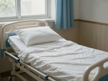 A modern motorized 5-function hospital bed neatly made with crisp white linens in a warm, comforting home room, soft window light, 35mm