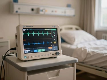 A clinical multi-parameter patient monitor showing heart rate waves, positioned next to a comfortable bed, warm indoor lighting, 35mm