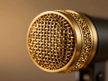 Extreme close-up macro shot of a gold-plated microphone capsule under dramatic warm gold backlight.