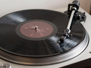A textured black vinyl record spinning on a high-end turntable platter, caught in a sharp white key light.
