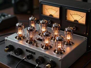 A vintage analog compressor with glowing vacuum tubes and warm yellow VU meters in a dark studio rack.
