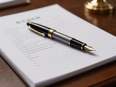 Close-up of a fountain pen resting on structured legal briefs inside a dimly lit corporate boardroom, soft brass lamp reflection.