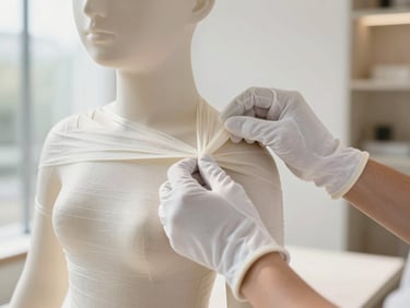 Close-up of hands in white gloves securing protective wrapping around a modern luxury sculpture, bright daylight.