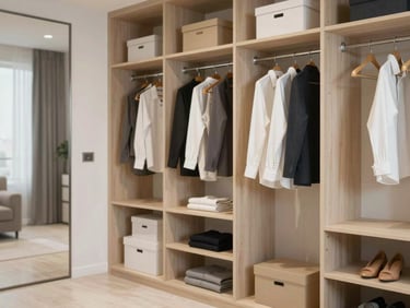 A beautifully organized walk-in closet in a modern Dubai apartment with clothes neatly hung and no boxes in sight.