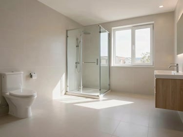 Completed Turin apartment bathroom after full renovation: large-format matte porcelain tiles floor-to-ceiling, recessed LED lighting, frameless glass shower enclosure, pristine white sanitary ware, natural daylight, no people