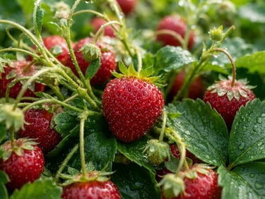 Macro close-up of freshly harvested strawberries with natural dew drops, bright morning daylight, vibrant natural red and deep green tones, macro depth of field
