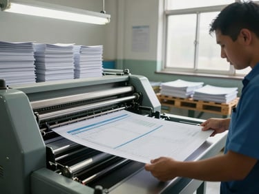 Wide environmental shot of an offset printing floor under natural daylight, a press operator examining a freshly printed sheet of hospital forms, stacks of completed reams visible on a wooden pallet in the background, fluorescent overhead light supplementing window light, documentary framing with no posed staging