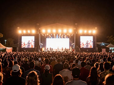 Wide shot of a massive outdoor folklore festival in Argentina at night, bright warm stage lights illuminating a crowd of thousands