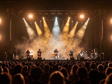 Cinematic wide shot of a massive concert stage with a folklore band performing, golden spotlights cutting through haze, huge crowd silhouettes in the foreground, high-contrast, 35mm.