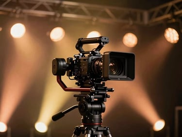Behind-the-scenes of high-end video production, professional camera on a gimbal, stage lights in the background, warm gold and copper flares