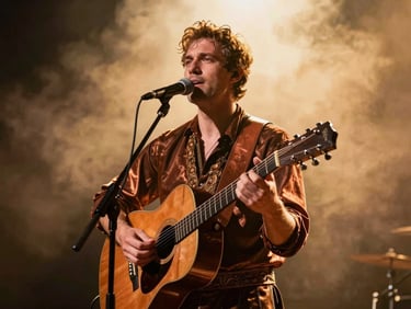 Cinematic shot of a male folklore singer with a guitar, warm gold backlight, dramatic stage smoke, high contrast
