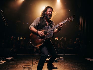 Dynamic low-angle shot of a folklore guitarist performing passionately under warm gold spotlights, dust visible in the air, deep shadows, cinematic 35mm