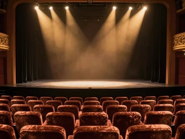 Cinematic wide shot of a European theater stage, warm gold spotlights, empty velvet seats in the foreground.