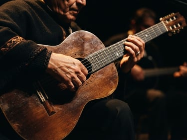 Dramatic stage photography, high-contrast warm spotlighting, hands of a guitarist playing a traditional Argentine folklore guitar, rich copper and gold tones, cinematic 35mm