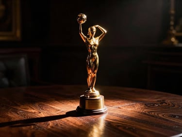 A golden award trophy sitting on a dark wooden table, warm backlighting, dramatic shadows, elegant atmosphere.