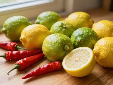 Close-up of vibrant, fresh green lemons and red chillies laid out on a clean wooden surface, warm side-lighting, rich saturated colors.