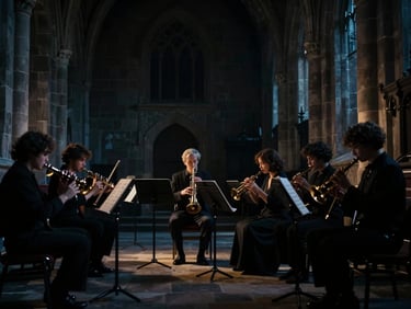 Atmospheric low-light photography of a gothic stone hall, orchestral instruments catching faint golden rim lighting, deep shadows, 35mm anamorphic lens.