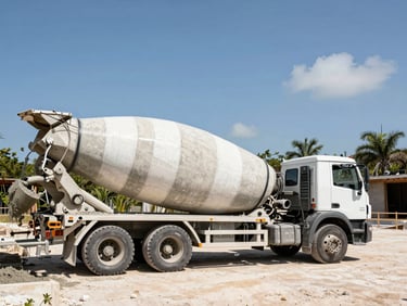 Wide-angle architectural shot of a concrete mixer truck pouring fresh concrete at a luxury construction site in Tulum, bright natural sunlight, high-contrast shadows, 35mm.