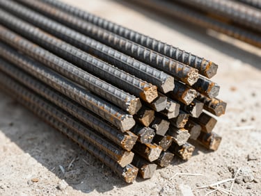 Macro shot of ribbed steel rebar stacked on a clean construction site, bright natural sunlight, high contrast shadows