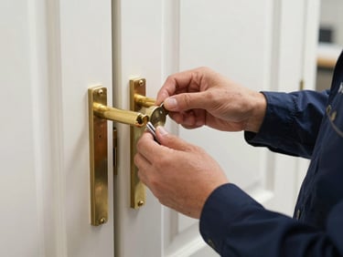 Close-up of a technician in a crisp navy uniform adjusting a high-end brass door fixture, clean hands, professional tools neatly arranged