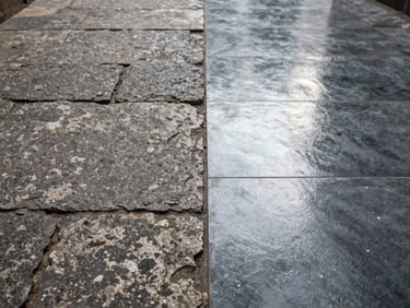 High-contrast split view of a commercial stone floor: the left half is weathered and dull, while the right half is polished to a flawless mirror shine.