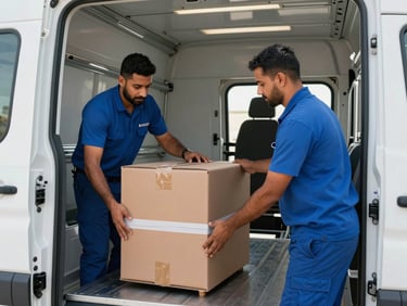 A professional uniformed moving crew member in blue attire carefully securing a double-walled box inside a clean, modern, well-lit transport vehicle in Abu Dhabi, bright natural UAE daylight.