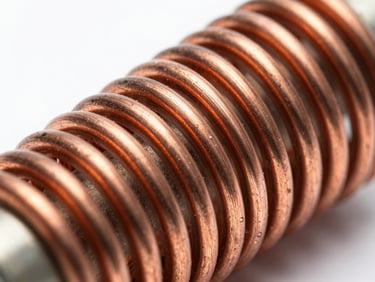 Macro close-up of a coiled copper heating element reflecting clean studio light, high contrast