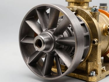Technical line drawing of a centrifugal pump impeller overlaid on a real photo of a brass housing, cool industrial studio lighting