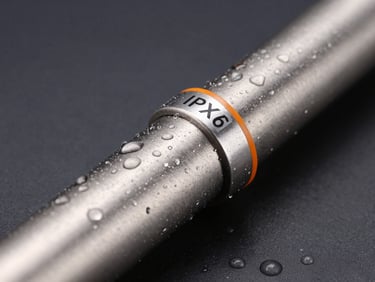 Studio shot of a polished stainless steel heating rod with IPX7 waterproof seal, water droplets, dark background