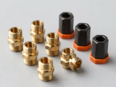 Precision brass fittings and heating element components arranged neatly on a clean gray surface