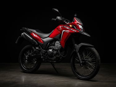 Studio shot of a red Honda Sahara 300 motorcycle, dramatic lighting, deep black background, sharp focus, 85mm