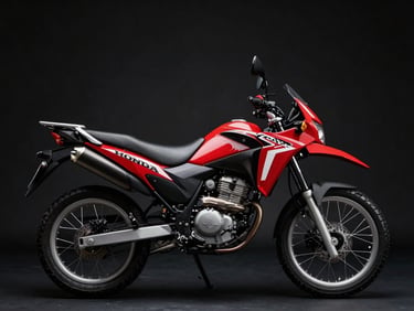 Studio shot of Honda Sahara 300, profile view, clean dark background, 85mm