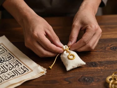 Hands carefully tying a small cloth amulet with gold thread on a dark wooden surface, warm amber light from above, traditional Arabic calligraphy visible on a folded paper nearby, atmosphere of deliberate ritual preparation