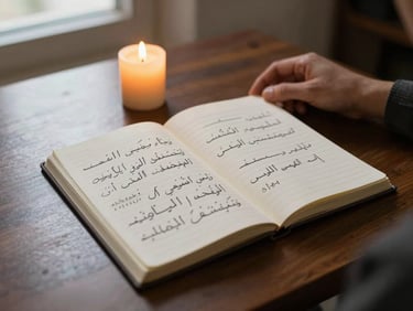 A quiet consultation table seen from above, an open notebook with handwritten Arabic text, a single lit candle at the far edge, no person visible, warm natural light from a narrow window, atmosphere of privacy and seriousness