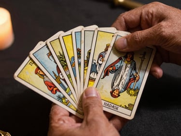 Close-up of weathered hands holding a spread of worn tarot cards on a dark cloth, warm side-light from a nearby candle casting long shadows across the card faces, objects of traditional Arab divination practice visible at the edge