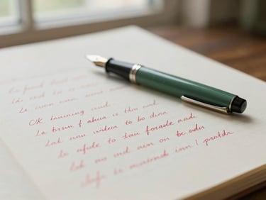 Tactile workspace detail showing a fountain pen resting on a marked-up draft with red editorial notes, soft daylight, shallow depth of field