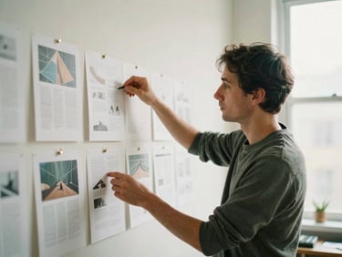 An environmental portrait of a creative director reviewing printed layouts pinned to a studio wall, soft north-facing light, 35mm