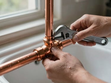Close-up of hands tightening a copper pipe joint under a sink, wrench in use, daylight from a small bathroom window, water droplets still visible on the pipe