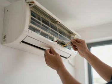 Close-up of a technician's hands removing a panel from a wall-mounted AC unit, refrigerant lines visible, natural light from a nearby window, real UAE apartment interior