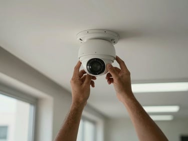 Hands mounting a CCTV dome camera to a ceiling bracket in a UAE building corridor, cable routing visible, ambient fluorescent and natural light from nearby window