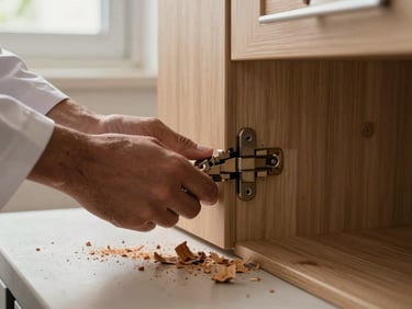 Close-up of hands fitting a wooden cabinet door hinge in a UAE kitchen, wood shavings on the counter, natural light from a window above the worktop