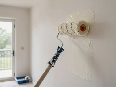 Painter's roller applying off-white emulsion to a freshly prepped interior wall, natural light from open balcony door, paint tray and masking tape visible on the floor