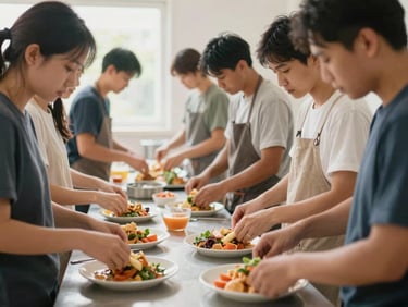 Community members preparing food together in a clean, bustling kitchen, natural daylight, candid medium shot, warm organic tones